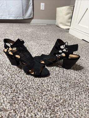 Black Laser-Cut Block Heel Sandals with Lace-Up Detail